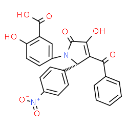 ChemSpider 2D Image | 5-[(2S)-3-Benzoyl-4-hydroxy-2-(4-nitrophenyl)-5-oxo-2,5-dihydro-1H-pyrrol-1-yl]-2-hydroxybenzoic acid | C24H16N2O8