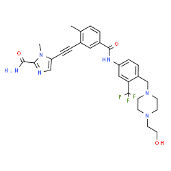 ChemSpider 2D Image | 5-[(5-{[4-{[4-(2-Hydroxyethyl)-1-piperazinyl]methyl}-3-(trifluoromethyl)phenyl]carbamoyl}-2-methylphenyl)ethynyl]-1-methyl-1H-imidazole-2-carboxamide | C29H31F3N6O3