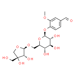 ChemSpider 2D Image | 4-Formyl-2-methoxyphenyl 6-O-[(2R,3R,4R)-3,4-dihydroxy-4-(hydroxymethyl)tetrahydro-2-furanyl]-beta-D-glucopyranoside | C19H26O12