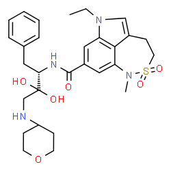 ChemSpider 2D Image | N-[(1S)-1-benzyl-2,2-dihydroxy-3-(tetrahydro-2H-pyran-4-ylamino)propyl]-6-ethyl-1-methyl-1,3,4,6-tetrahydro[1,2]thiazepino[5,4,3-cd]indole-8-carboxamide 2,2-dioxide | C29H38N4O6S