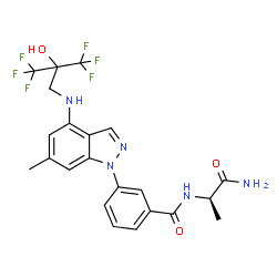 ChemSpider 2D Image | N-[(2R)-1-Amino-1-oxo-2-propanyl]-3-(6-methyl-4-{[3,3,3-trifluoro-2-hydroxy-2-(trifluoromethyl)propyl]amino}-1H-indazol-1-yl)benzamide | C22H21F6N5O3