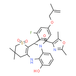 ChemSpider 2D Image | (11S)-10-[(2,5-dimethyl-1,3-oxazol-4-yl)carbonyl]-11-{2-fluoro-4-[(2-methylprop-2-en-1-yl)oxy]phenyl}-3,3-dimethyl-2,3,4,5,10,11-hexahydrothiopyrano[3,2-b][1,5]benzodiazepin-6-ol 1,1-dioxide | C30H32FN3O6S