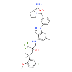 ChemSpider 2D Image | 1-[3-(4-{[(2R)-4-(5-Fluoro-2-methoxyphenyl)-2-hydroxy-4-methyl-2-(trifluoromethyl)pentyl]amino}-6-methyl-1H-indazol-1-yl)benzoyl]-D-prolinamide | C34H37F4N5O4
