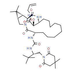ChemSpider 2D Image | (2R)-2-{(3S,13S,16as,17ar,17bs)-13-[({(1S)-1-[(4,4-dimethyl-2,6-dioxopiperidin-1-yl)methyl]-2,2-dimethylpropyl}carbamoyl)amino]-17,17-dimethyl-1,14-dioxooctadecahydro-2H-cyclopropa[3,4]pyrrolo[1,2-a][1,4]diazacyclohexadecin-3-yl}-2-hydroxy-N-prop-2-e | C39H64N6O7
