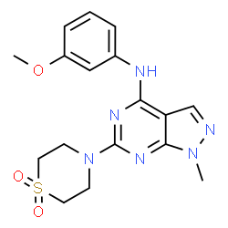 ChemSpider 2D Image | 6-(1,1-Dioxido-4-thiomorpholinyl)-N-(3-methoxyphenyl)-1-methyl-1H-pyrazolo[3,4-d]pyrimidin-4-amine | C17H20N6O3S