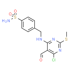 ChemSpider 2D Image | 4-({[6-Chloro-5-formyl-2-(methylsulfanyl)-4-pyrimidinyl]amino}methyl)benzenesulfonamide | C13H13ClN4O3S2