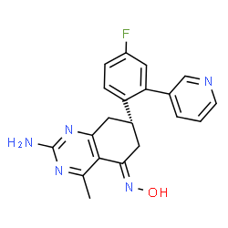 ChemSpider 2D Image | (5E,7S)-2-amino-7-(4-fluoro-2-pyridin-3-ylphenyl)-4-methyl-7,8-dihydroquinazolin-5(6H)-one oxime | C20H18FN5O