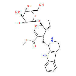 ChemSpider 2D Image | Methyl (2S,3R,4S)-3-ethyl-2-(beta-D-glucopyranosyloxy)-4-[(1S)-2,3,4,9-tetrahydro-1H-beta-carbolin-1-ylmethyl]-3,4-dihydro-2H-pyran-5-carboxylate | C27H36N2O9