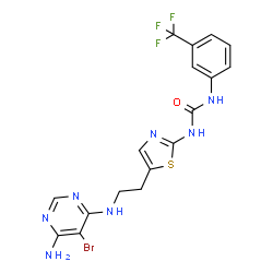 ChemSpider 2D Image | 1-(5-{2-[(6-Amino-5-bromo-4-pyrimidinyl)amino]ethyl}-1,3-thiazol-2-yl)-3-[3-(trifluoromethyl)phenyl]urea | C17H15BrF3N7OS