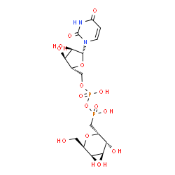 ChemSpider 2D Image | (((2S,3R,4S,5R,6R)-3,4,5-trihydroxy-6-(hydroxymethyl)tetrahydro-2H-pyran-2-yl)methyl)phosphonic (((2R,3S,4R,5R)-5-(2,4-dioxo-3,4-dihydropyrimidin-1(2H)-yl)-3,4-dihydroxytetrahydrofuran-2-yl)methyl phosphoric) anhydride | C16H26N2O16P2