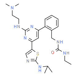 ChemSpider 2D Image | 1-[2-(2-{[2-(Dimethylamino)ethyl]amino}-6-[2-(isopropylamino)-1,3-thiazol-5-yl]-4-pyrimidinyl)benzyl]-3-ethylurea | C24H34N8OS