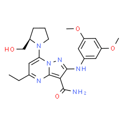 ChemSpider 2D Image | 2-[(3,5-Dimethoxyphenyl)amino]-5-ethyl-7-[(2R)-2-(hydroxymethyl)-1-pyrrolidinyl]pyrazolo[1,5-a]pyrimidine-3-carboxamide | C22H28N6O4