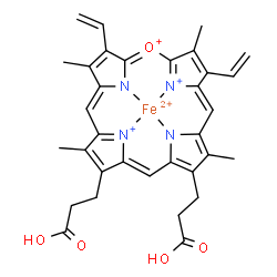 ChemSpider 2D Image | [10,14-Bis(2-carboxyethyl)-5,9,15,20-tetramethyl-4,19-divinyl-2-oxonia-21,22,23,24-tetraazapentacyclo[16.2.1.1~3,6~.1~8,11~.1~13,16~]tetracosa-1(21),2,4,6,8(23),9,11,13,15,17,19-undecaenato(2-)-kappa~
4~N~21~,N~22~,N~23~,N~24~]iron(5+) | C33H31FeN4O5