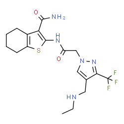 ChemSpider 2D Image | 2-[({4-[(Ethylamino)methyl]-3-(trifluoromethyl)-1H-pyrazol-1-yl}acetyl)amino]-4,5,6,7-tetrahydro-1-benzothiophene-3-carboxamide | C18H22F3N5O2S