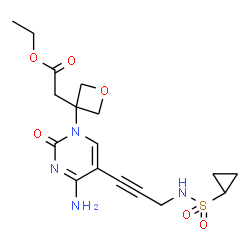 ChemSpider 2D Image | Ethyl {3-[4-amino-5-{3-[(cyclopropylsulfonyl)amino]-1-propyn-1-yl}-2-oxo-1(2H)-pyrimidinyl]-3-oxetanyl}acetate | C17H22N4O6S