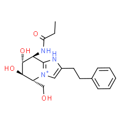 ChemSpider 2D Image | (5R,6R,7R,8S)-6,7-Dihydroxy-5-(hydroxymethyl)-2-(2-phenylethyl)-8-(propionylamino)-5,6,7,8-tetrahydro-1H-imidazo[1,2-a]pyridin-4-ium | C19H26N3O4