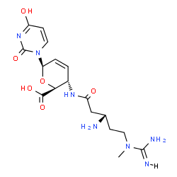 ChemSpider 2D Image | 1-(4-{[(3S)-3-Amino-5-(N-methylcarbamimidamido)pentanoyl]amino}-2,3,4-trideoxy-beta-D-erythro-hex-2-enopyranuronosyl)-4-hydroxy-2(1H)-pyrimidinone | C17H25N7O6