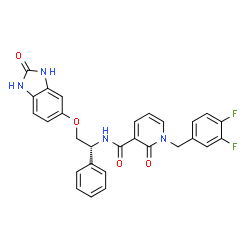 ChemSpider 2D Image | 1-[(3,4-difluorophenyl)methyl]-2-oxo-N-[(1R)-2-[(2-oxo-1,3-dihydrobenzimidazol-5-yl)oxy]-1-phenylethyl]-3-pyridinecarboxamide | C28H22F2N4O4