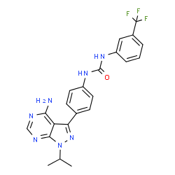 ChemSpider 2D Image | 1-(4-(4-Amino-1-isopropyl-1H-pyrazolo[3,4-d]pyrimidin-3-yl)phenyl)-3-(3-(trifluoromethyl)phenyl)urea | C22H20F3N7O