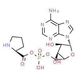 ChemSpider 2D Image | 5'-O-(Hydroxy{[(2S)-2-pyrrolidinylcarbonyl]oxy}phosphoryl)adenosine | C15H21N6O8P