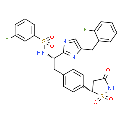 ChemSpider 2D Image | 3-fluoro-N-[(1S)-1-[4-[(2-fluorophenyl)methyl]imidazol-2-yl]-2-[4-[(5S)-1,1,3-trioxo-1,2-thiazolidin-5-yl]phenyl]ethyl]benzenesulfonamide | C27H22F2N4O5S2