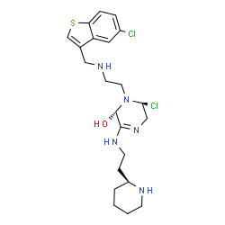 ChemSpider 2D Image | 6-CHLORO-1-(2-{[(5-CHLORO-1-BENZOTHIEN-3-YL)METHYL]AMINO}ETHYL)-3-[(2-PYRIDIN-2-YLETHYL)AMINO]-1,4-DIHYDROPYRAZIN-2-OL | C22H31Cl2N5OS
