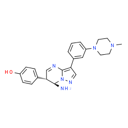 ChemSpider 2D Image | 4-{(6R,7R)-7-Amino-3-[3-(4-methyl-1-piperazinyl)phenyl]-6,7-dihydropyrazolo[1,5-a]pyrimidin-6-yl}phenol | C23H26N6O
