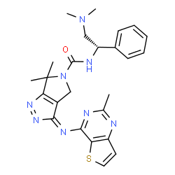 ChemSpider 2D Image | (3E)-N-[(1S)-2-(Dimethylamino)-1-phenylethyl]-6,6-dimethyl-3-[(2-methylthieno[3,2-d]pyrimidin-4-yl)imino]-4,6-dihydropyrrolo[3,4-c]pyrazole-5(3H)-carboxamide | C25H28N8OS