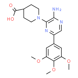 ChemSpider 2D Image | 1-[3-Amino-6-(3,4,5-trimethoxyphenyl)-2-pyrazinyl]-4-piperidinecarboxylic acid | C19H24N4O5