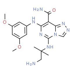 ChemSpider 2D Image | 5-[(1-Amino-2-methyl-2-propanyl)amino]-7-[(3,5-dimethoxyphenyl)amino][1,2,4]triazolo[4,3-c]pyrimidine-8-carboxamide | C18H24N8O3