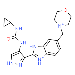ChemSpider 2D Image | 2-{4-[(Cyclopropylcarbamoyl)amino]-1H-pyrazol-3-yl}-6-(morpholin-4-ium-4-ylmethyl)-1H-3,1-benzimidazol-3-ium | C19H25N7O2