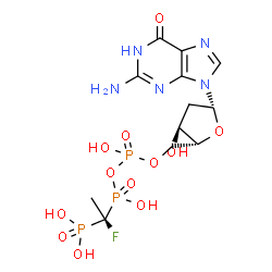 ChemSpider 2D Image | 2'-Deoxy-5'-O-[({[(1R)-1-fluoro-1-phosphonoethyl](hydroxy)phosphoryl}oxy)(hydroxy)phosphoryl]guanosine | C12H19FN5O12P3