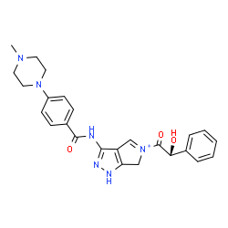 ChemSpider 2D Image | 5-[(2R)-2-Hydroxy-2-phenylacetyl]-3-{[4-(4-methyl-1-piperazinyl)benzoyl]amino}-1,6-dihydropyrrolo[3,4-c]pyrazol-5-ium | C25H27N6O3