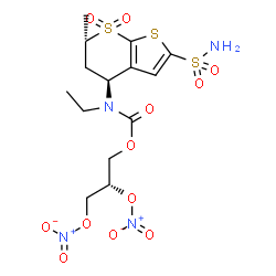 ChemSpider 2D Image | (2S)-2,3-Bis(nitrooxy)propyl ethyl[(4S,6S)-6-methyl-7,7-dioxido-2-sulfamoyl-5,6-dihydro-4H-thieno[2,3-b]thiopyran-4-yl]carbamate | C14H20N4O12S3