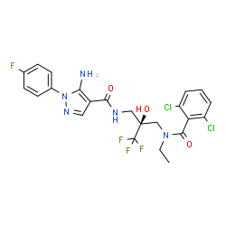 ChemSpider 2D Image | 5-Amino-N-[(2S)-2-{[(2,6-dichlorobenzoyl)(ethyl)amino]methyl}-3,3,3-trifluoro-2-hydroxypropyl]-1-(4-fluorophenyl)-1H-pyrazole-4-carboxamide | C23H21Cl2F4N5O3