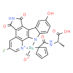 ChemSpider 2D Image | Carbonyl(1-{[(1S)-1-carboxyethyl]carbamoyl}-2,4-cyclopentadien-1-yl)(3-fluoro-9-hydroxypyrido[2,3-a]pyrrolo[3,4-c]carbazole-5,7(6H,12H)-dionato-kappa~2~N,N')ruthenium(2+) | C27H17FN4O7Ru
