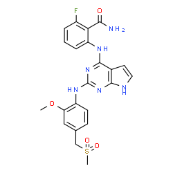 ChemSpider 2D Image | 2-Fluoro-6-{[2-({2-methoxy-4-[(methylsulfonyl)methyl]phenyl}amino)-7H-pyrrolo[2,3-d]pyrimidin-4-yl]amino}benzamide | C22H21FN6O4S