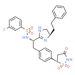 ChemSpider 2D Image | N-{(1s)-2-{4-[(5s)-1,1-Dioxido-3-Oxoisothiazolidin-5-Yl]phenyl}-1-[(4r)-4-(2-Phenylethyl)-4,5-Dihydro-1h-Imidazol-2-Yl]ethyl}-3-Fluorobenzenesulfonamide | C28H29FN4O5S2