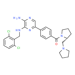 ChemSpider 2D Image | N~3~-(2,6-Dichlorobenzyl)-5-(4-{[(2r)-2-(Pyrrolidin-1-Ylmethyl)pyrrolidin-1-Yl]carbonyl}phenyl)pyrazine-2,3-Diamine | C27H30Cl2N6O