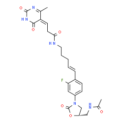 ChemSpider 2D Image | (3Z)-N-[(4E)-5-{4-[(5S)-5-(Acetamidomethyl)-2-oxo-1,3-oxazolidin-3-yl]-2-fluorophenyl}-4-penten-1-yl]-3-(4-methyl-2,6-dioxo-1,6-dihydro-5(2H)-pyrimidinylidene)propanamide | C25H28FN5O6
