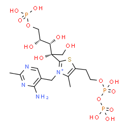 ChemSpider 2D Image | 2-C-{3-[(4-Amino-2-methyl-5-pyrimidinyl)methyl]-5-(2-{[hydroxy(phosphonooxy)phosphoryl]oxy}ethyl)-4-methyl-1,3-thiazol-3-ium-2-yl}-5-O-phosphono-D-xylitol | C17H30N4O15P3S