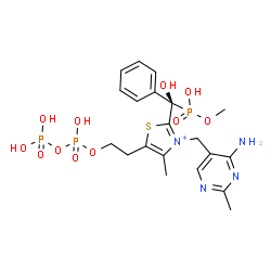 ChemSpider 2D Image | 3-[(4-Amino-2-methyl-5-pyrimidinyl)methyl]-2-{(S)-hydroxy[hydroxy(methoxy)phosphoryl]phenylmethyl}-5-(2-{[hydroxy(phosphonooxy)phosphoryl]oxy}ethyl)-4-methyl-1,3-thiazol-3-ium | C20H28N4O11P3S