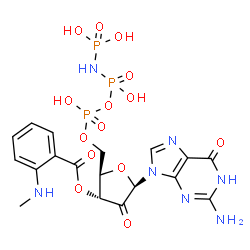 ChemSpider 2D Image | 2-Amino-9-{5-O-(hydroxy{[hydroxy(phosphonoamino)phosphoryl]oxy}phosphoryl)-3-O-[2-(methylamino)benzoyl]-beta-D-erythro-pentofuranosyl-2-ulose}-1,9-dihydro-6H-purin-6-one | C18H22N7O14P3