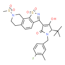 ChemSpider 2D Image | (5S)-5-tert-butyl-1-(4-fluoro-3-methylbenzyl)-4-hydroxy-3-[8-(methylsulfonyl)-1,1-dioxido-6,7,8,9-tetrahydroisothiazolo[4,5-H]isoquinolin-3-yl]-1,5-dihydro-2H-pyrrol-2-one | C27H30FN3O6S2