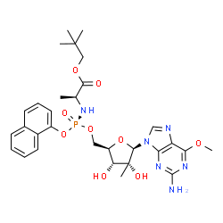 ChemSpider 2D Image | 2,2-Dimethylpropyl (2S)-2-{[(R)-{[(2R,3R,4R,5R)-5-(2-amino-6-methoxy-9H-purin-9-yl)-3,4-dihydroxy-4-methyltetrahydro-2-furanyl]methoxy}(1-naphthyloxy)phosphoryl]amino}propanoate | C30H39N6O9P