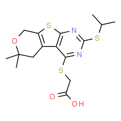 ChemSpider 2D Image | {[2-(Isopropylsulfanyl)-6,6-dimethyl-5,8-dihydro-6H-pyrano[4',3':4,5]thieno[2,3-d]pyrimidin-4-yl]sulfanyl}acetic acid | C16H20N2O3S3