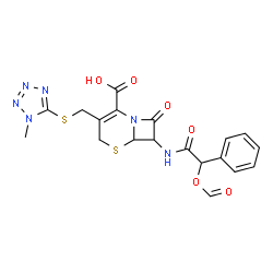 ChemSpider 2D Image | 7-{[(Formyloxy)(phenyl)acetyl]amino}-3-{[(1-methyl-1H-tetrazol-5-yl)sulfanyl]methyl}-8-oxo-5-thia-1-azabicyclo[4.2.0]oct-2-ene-2-carboxylic acid | C19H18N6O6S2
