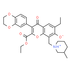 ChemSpider 2D Image | 3-(2,3-Dihydro-1,4-benzodioxin-6-yl)-2-(ethoxycarbonyl)-6-ethyl-8-[(3-methyl-1-piperidiniumyl)methyl]-4-oxo-4H-chromen-7-olate | C29H33NO7