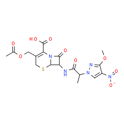 ChemSpider 2D Image | 3-(Acetoxymethyl)-7-{[2-(3-methoxy-4-nitro-1H-pyrazol-1-yl)propanoyl]amino}-8-oxo-5-thia-1-azabicyclo[4.2.0]oct-2-ene-2-carboxylic acid | C17H19N5O9S