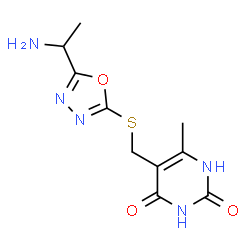 ChemSpider 2D Image | 5-({[5-(1-Aminoethyl)-1,3,4-oxadiazol-2-yl]sulfanyl}methyl)-6-methyl-2,4(1H,3H)-pyrimidinedione | C10H13N5O3S